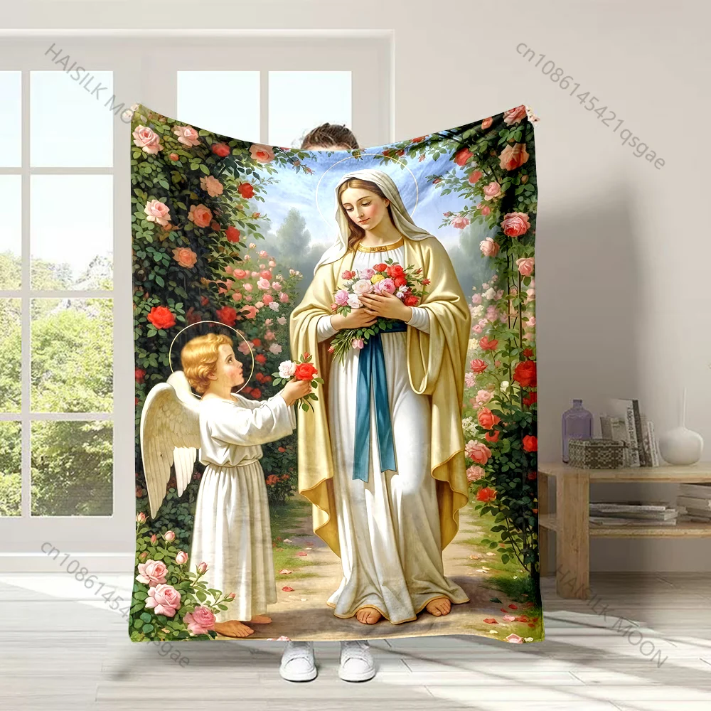 1PC Angel offering flowers Faith-printed Flannel Blanket Soft and Warm Suitable for Home Travel Picnics Camping and RV Use