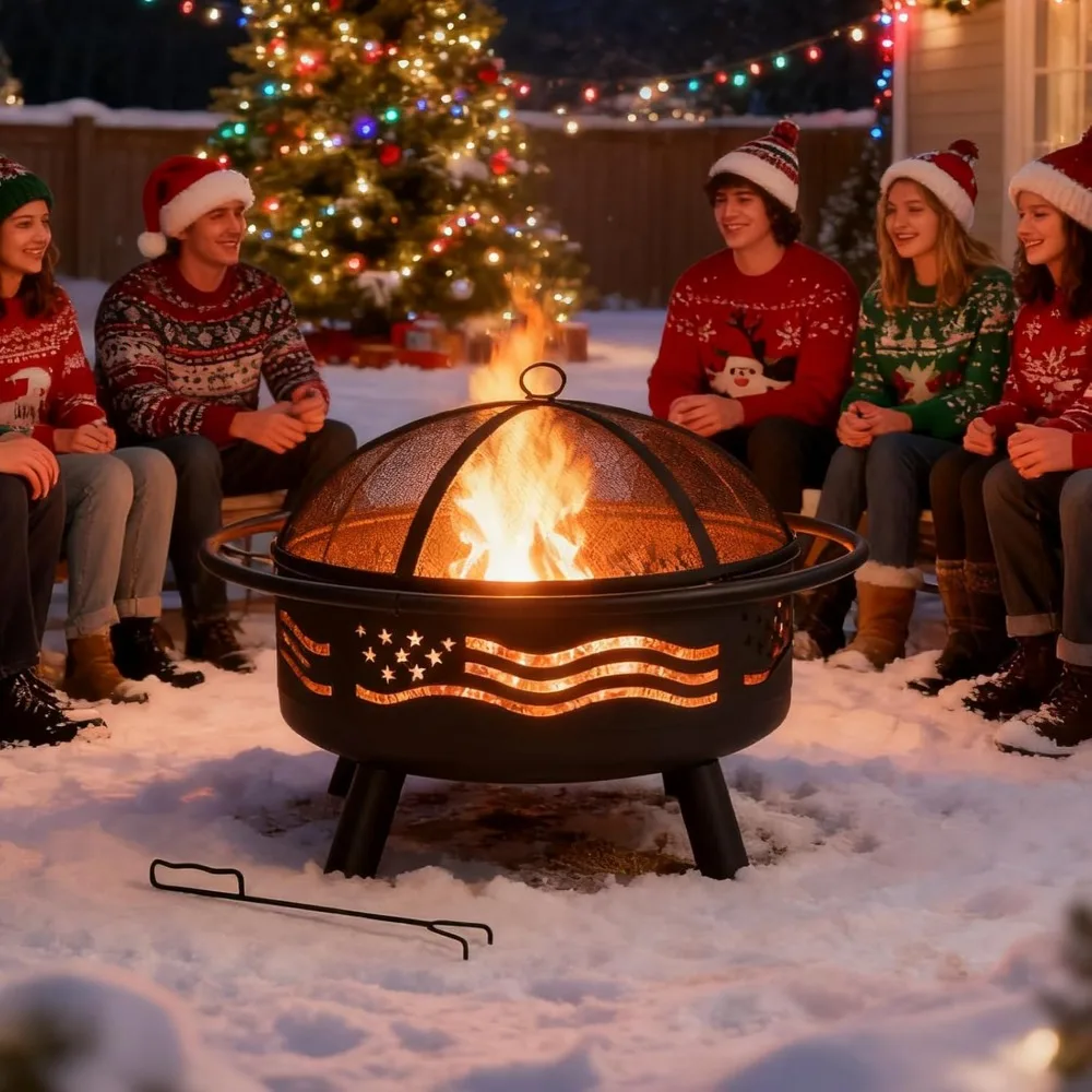 حفرة نار دائرية بعلم أمريكي مقاس 38 بوصة مع غطاء شبكي وبوكر، حفرة نار لحرق الخشب في الهواء الطلق والحديقة في الفناء الخلفي #5