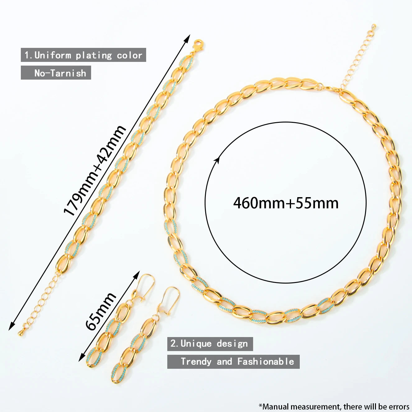 Dubai Mode Zirkonia Schmuckset 21k Vergoldet Nigeria Braut Hochzeit Halskette Armband Ohrringe Algerien Damen Party Schmuck – Detail 3