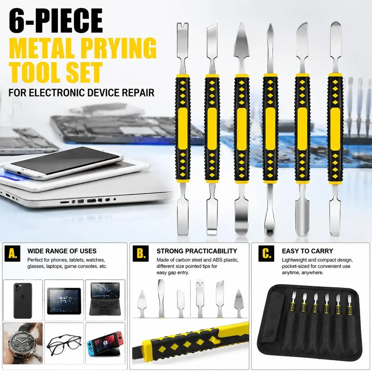 Six Piece Metal Pry Bar Tools Set Double Ended Spudger Opening Scraper Repair Tool Kit for Mobile Phone Tablet PC Laptop Smart Watch Electronics Disassembly and Maintenance Durable Quality Professional Grade Tools