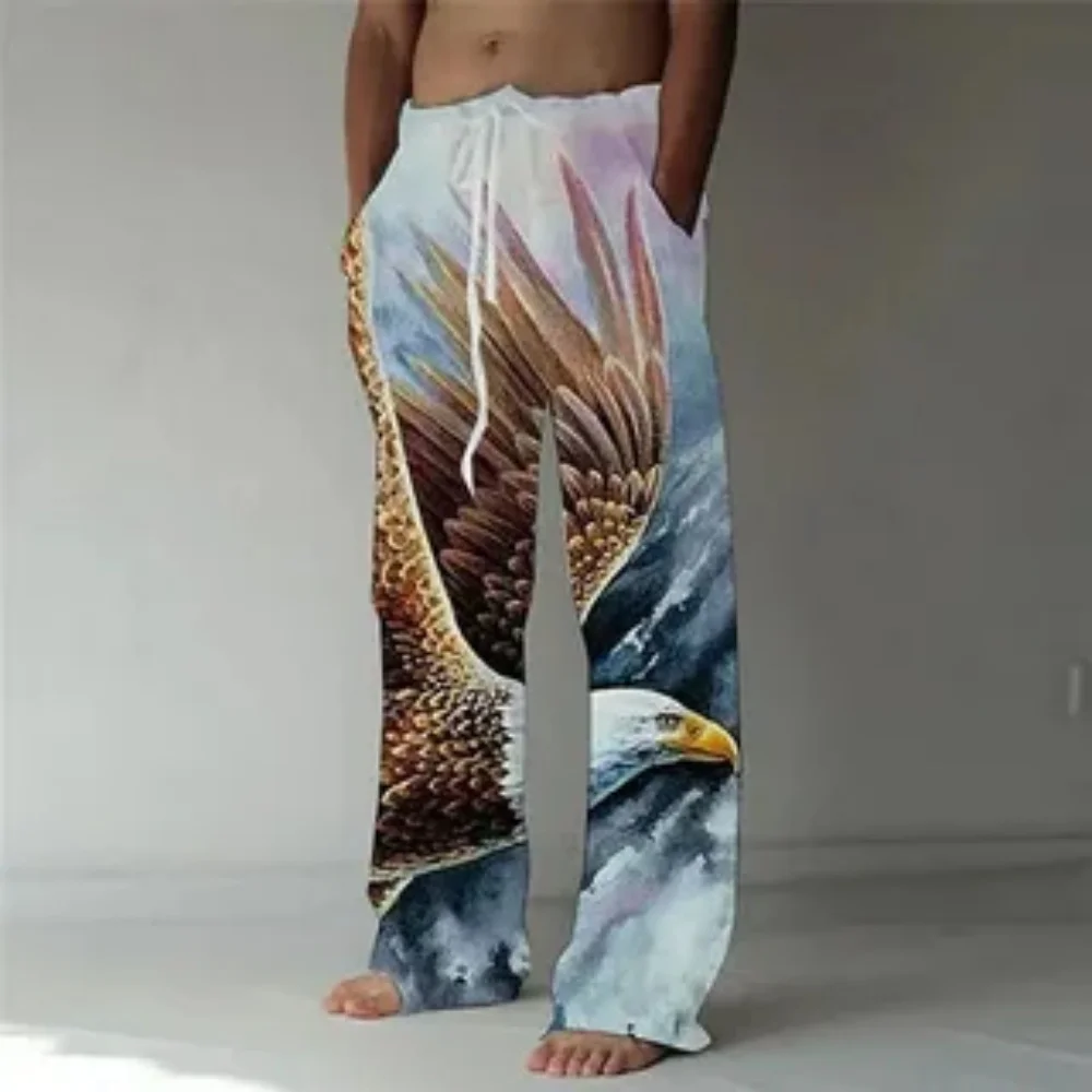 2025 Summer men's casual pants, 3D animal eagle print trendy and cool daily outdoor versatile straight-leg pants