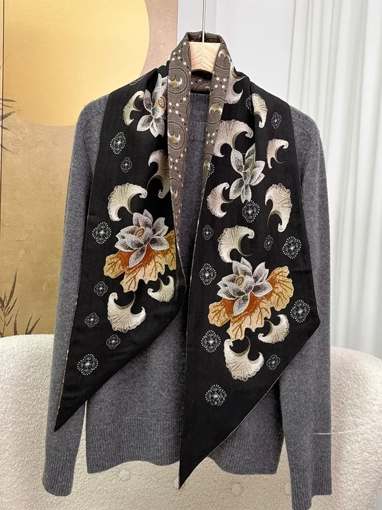 秋風二重層シルクウールスカーフ女性の暖かいスカーフ秋冬ロングスカーフ韓国スタイルデジタル印刷多機能