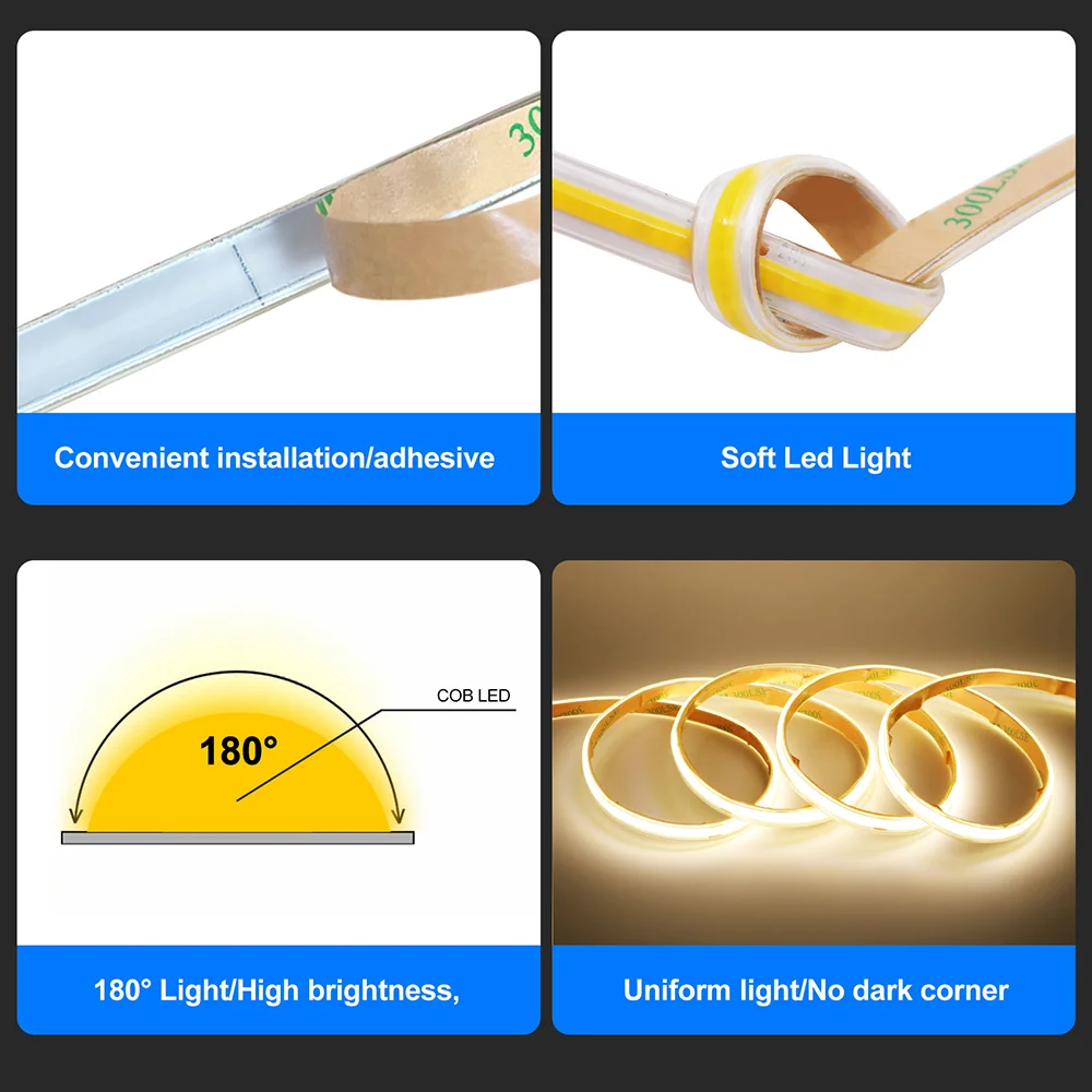 Tira de luces LED COB resistente al agua IP67, 12V, 24V, 3000K, 4000K, 6000K, cinta Led Flexible de 5m, 10m, 20m, 0,5m, 1m, 2m, 480LEDs/m, iluminación lineal