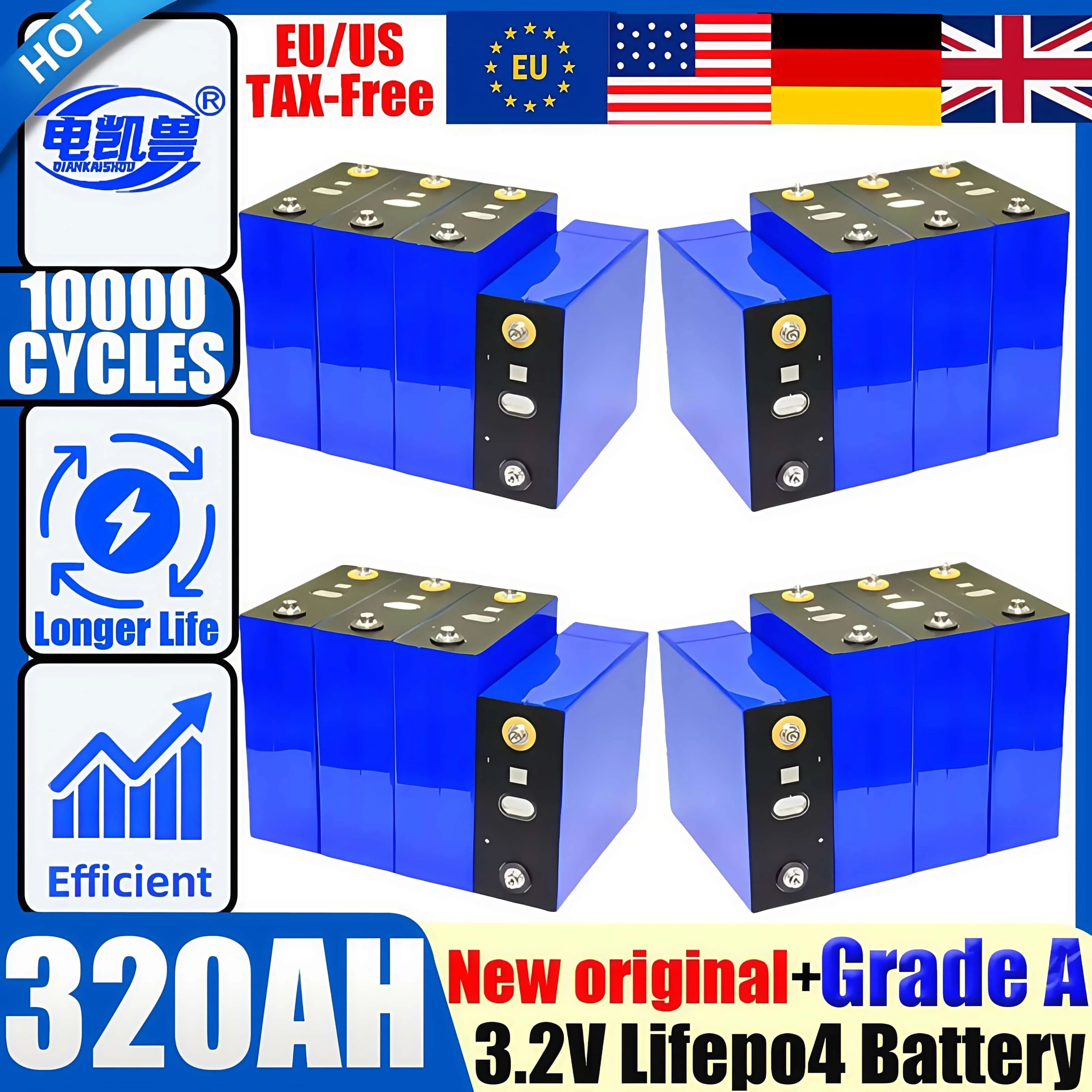 

10000 циклов, класс A, 320 Ач LiFePO4, аккумулятор 3,2 В, литий-железо-фосфатная аккумуляторная батарея, сделай сам, 12 В, 24 В, 48 В, EV, тележка для гольфа, солнечная
