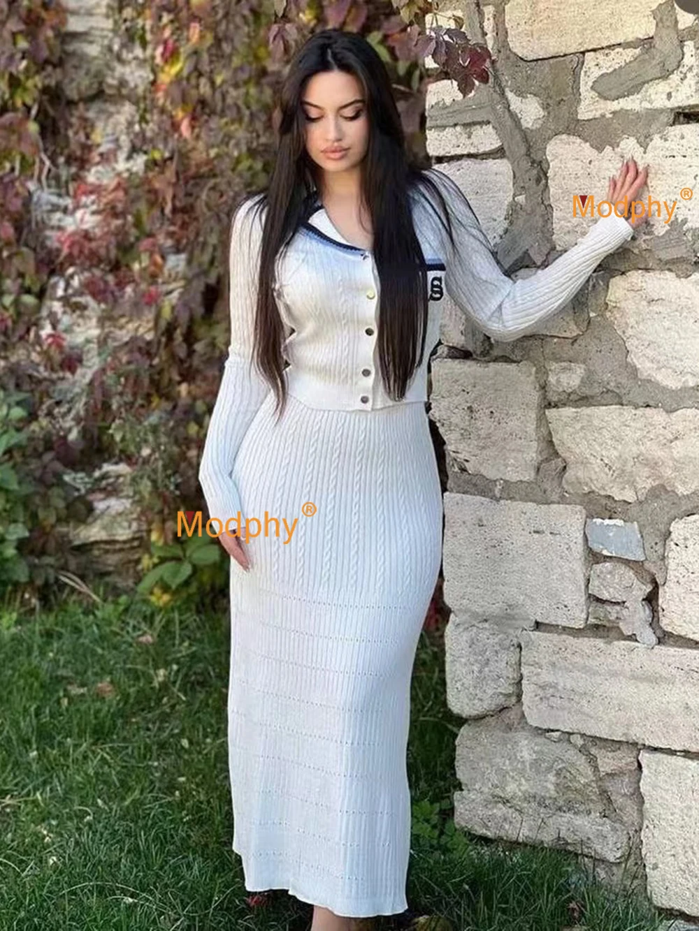 2024 Autumn New Women'S Knitted Letter Sweater Set Single Breasted Sweater+Mid Length Skirt Two Piece Set Outifits Tight Suit