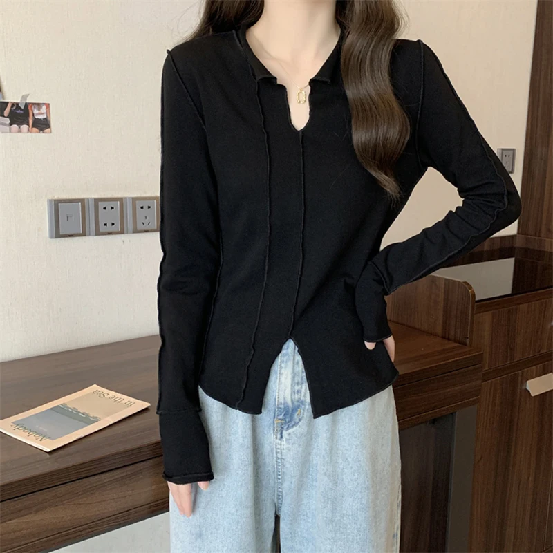 Bright Line Decoration Slim Tunic Fall Spring Long Sleeve V Neck Women T Shirts Fashion Harajuku Oversized Clothes Euro Size New