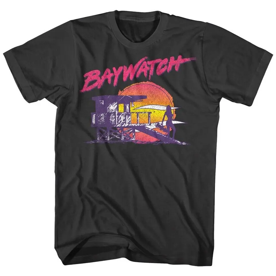 Baywatch Lifeguard Tower Silhouette Neon Men's T Shirt Vintage Sunset LA Beach