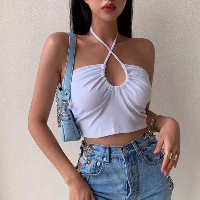 Sexy Solid Halter Ruched Crop Top Sleeveless Backless Tube Top Lace up Bow Female Streetwear 2025 New Women's Fashion
