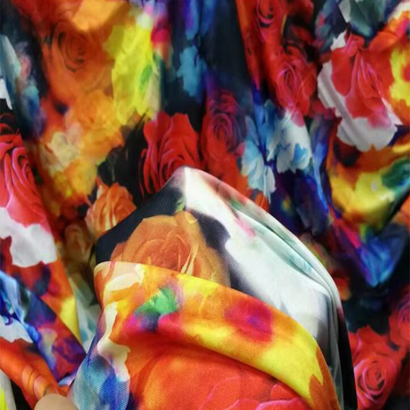 Good Draping 4 Way Elastic Encrypted Milk Silk Knit Fabric Big Colorful Red/Green Flowers Printing Fabric Diy Sewing Dance Dress