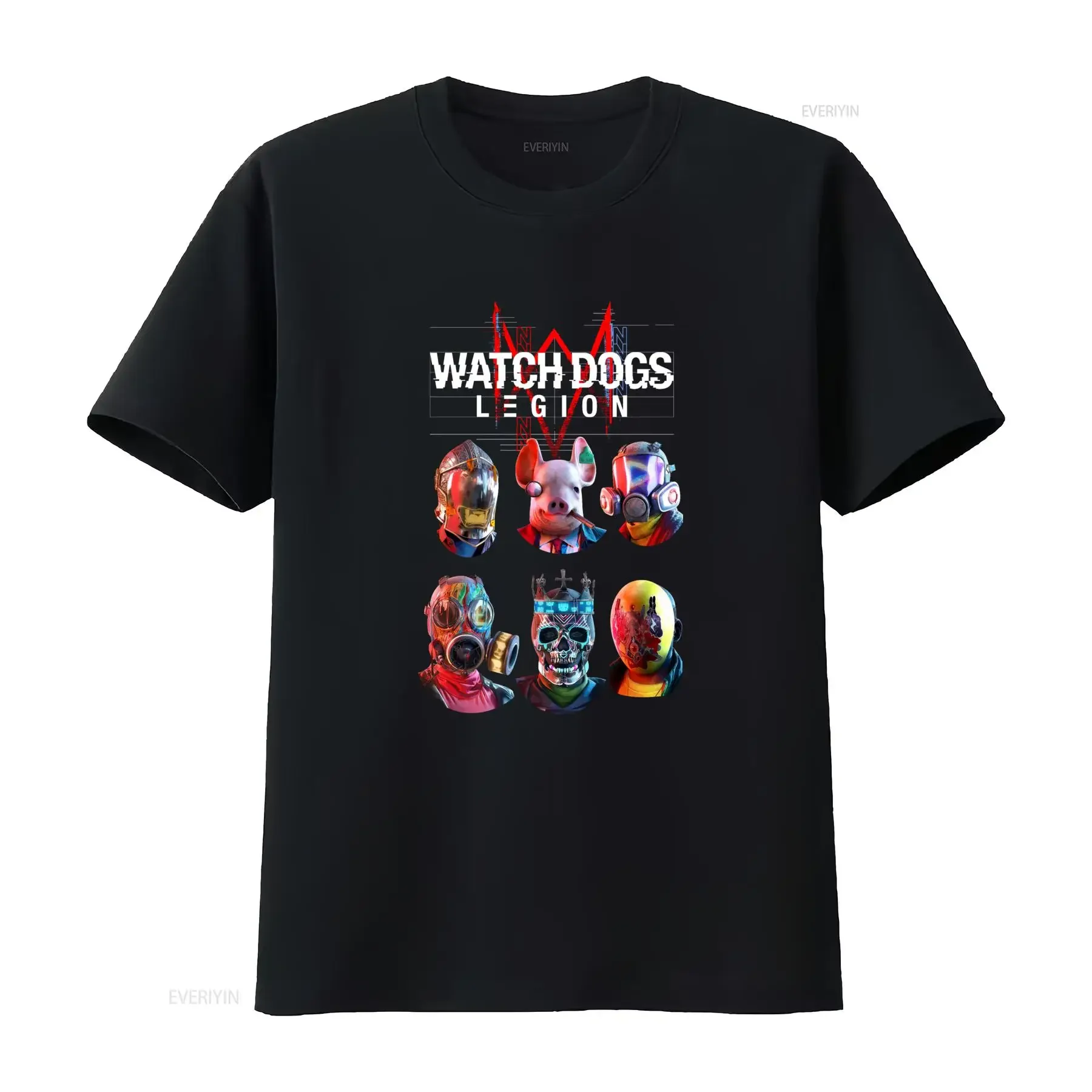 Watch Dogs Legion Adult T Shirt Six Unique Figure Heads Under Static Logo Design vintage Washed Unisex Versatile Stylish
