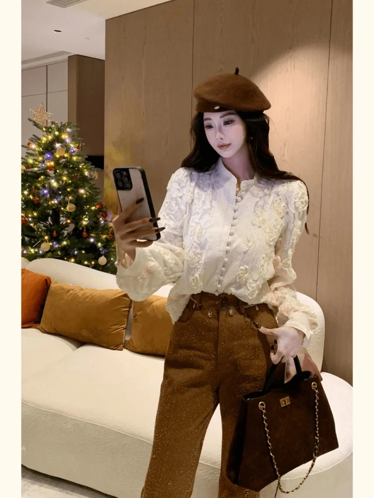 

Retro Lace irt Women's Long Sve Loose Commute Sle Autumn Winter Faionable Top Korean Version Lightweight Luxury