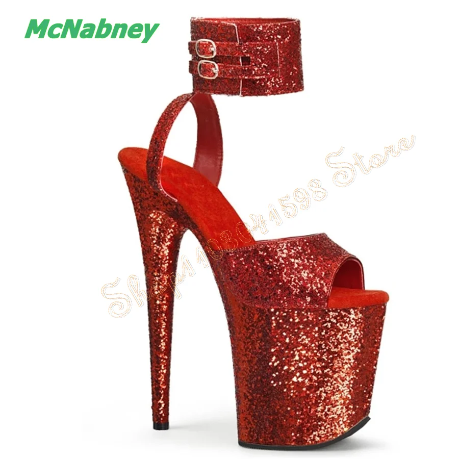 Blingbling Sequined High Heel Sandals,Thick Sole Buckle Stiletto Women Shoes Sexy Stripper Shoes 2023 New Zapatos Para Mujere