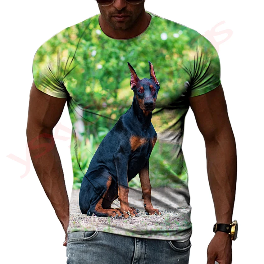 New Tide Summer Fashion  Doberman Picture T-shirts Casual Print Tees Hip Hop Personality Round Neck Short Sleeve Tops