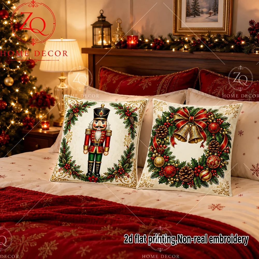 Christmas Nutcracker Wreath Throw Pillow Covers Peach  Holiday Decorative Cushion Cases For Bedroom  Sofa