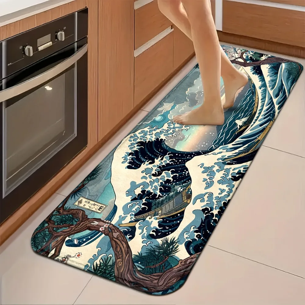 Japanese Ukiyo-e Wave Pattern Carpet Mat Rug Home Decoration Non-Slip for Kitchen Entryway Living Room Living Room Decoration