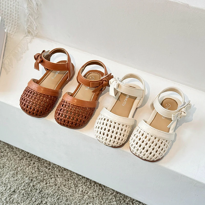 2024 Summer Baby Girls Woven Sandals Children Bow Princess Shoes Kids Barefoot Beach Shoes Soft Sole Anti Slip Infant Sandals