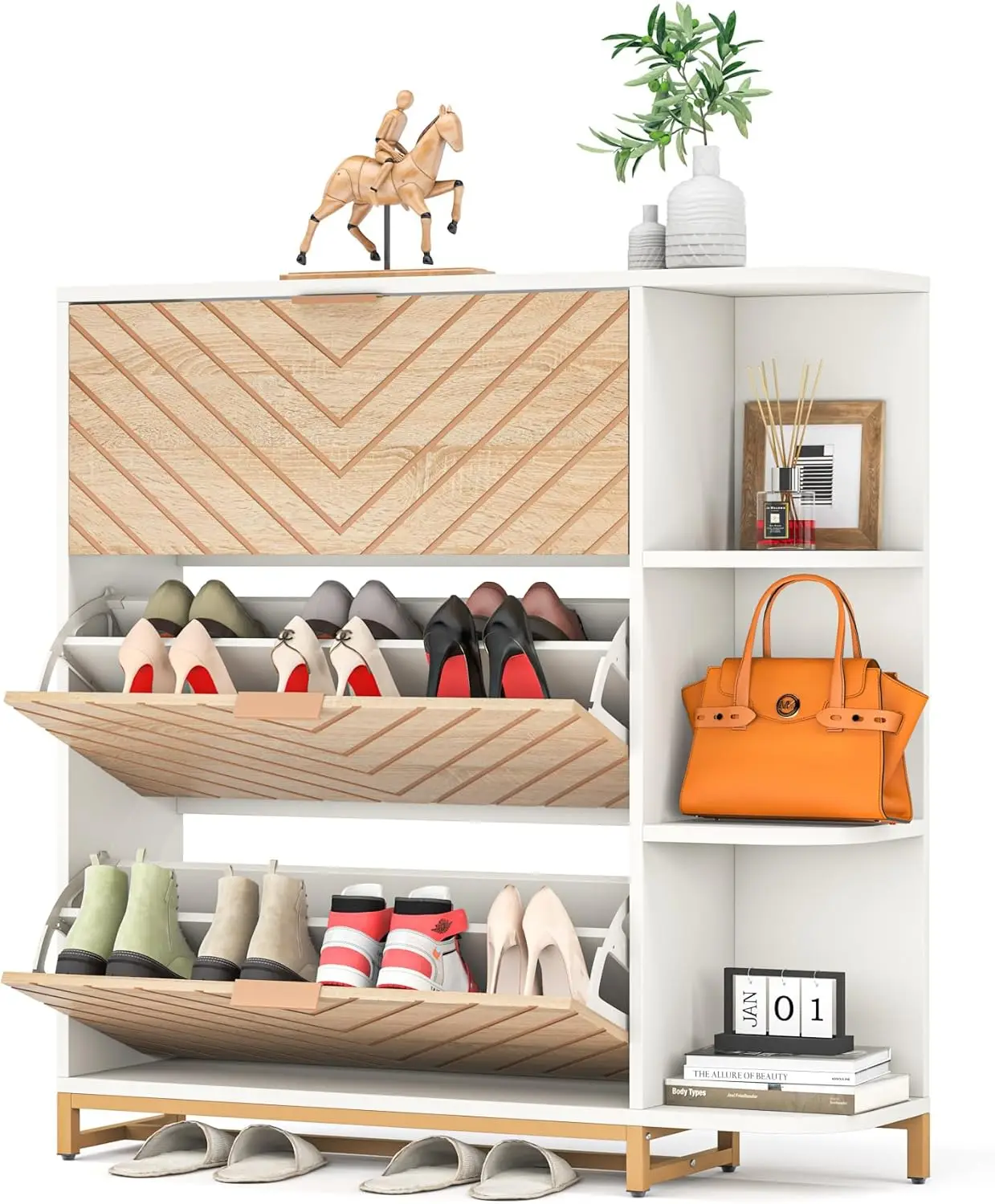 Little Tree Modern Shoe Cabinet For Entryway, Wood Shoe Storage Cabinet With 3 Flip Drawers And Open Shelves, Industrial