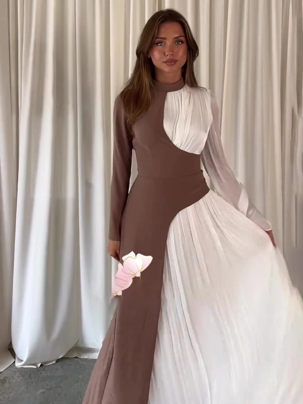 Plus Size Contrast Color Chic Evening Dress Vintage Arabic A Line Prom Gown S-2XL Celebrity Long Sleeves Formal Party Wear view 3