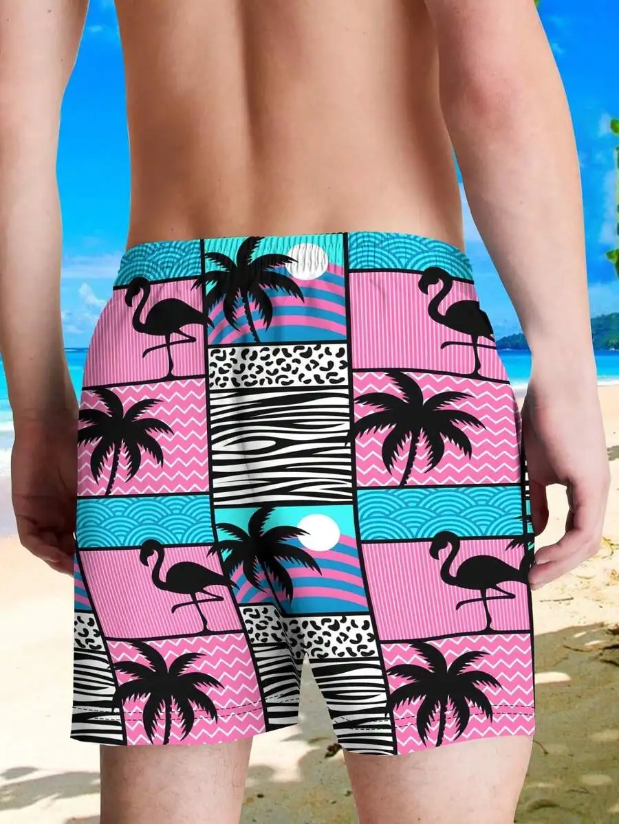 Pantalones cortos de playa con estampado de flamencos retro para hombre, color rosa, negro, con estampado de palmeras, tejido suave de secado rápido