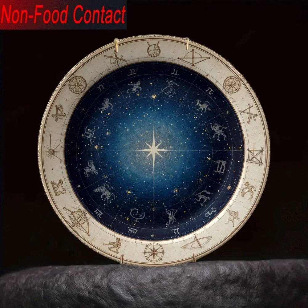 1pc Ceramic Decorative Plate - Starry Night Sky with Zodiac Signs, Non-Food Contact Safe, Elegant Round Tabletop Decor for