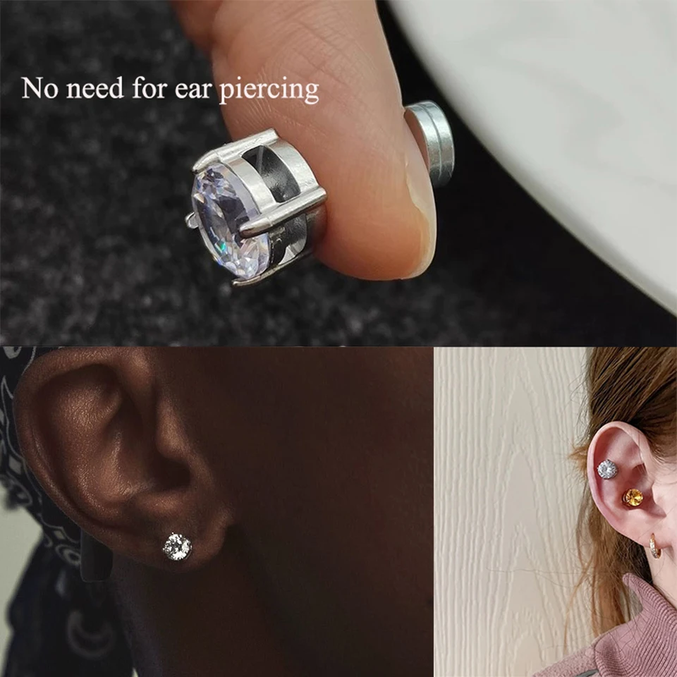 Crystal Strong Magnetic Ear Stud Clip Earrings For Men And Women Punk Round Zircon Magnet Earrings Non Piercing Jewelry image 3