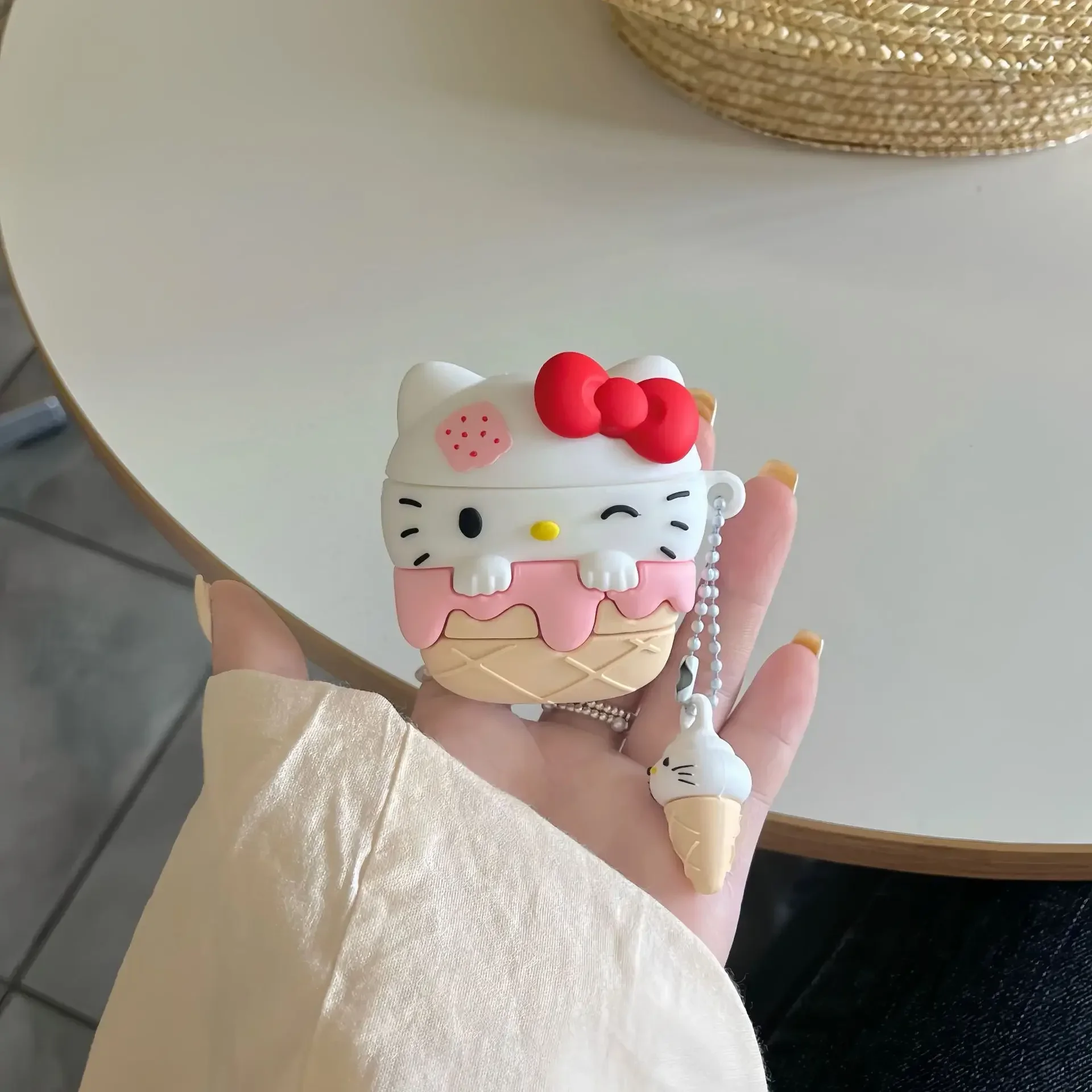 For Airpods 4 Case 2024,Hello Kitty Ice Cream With Keychain Protective Earphone Silicone Cover For Airpod 4 Case Funda