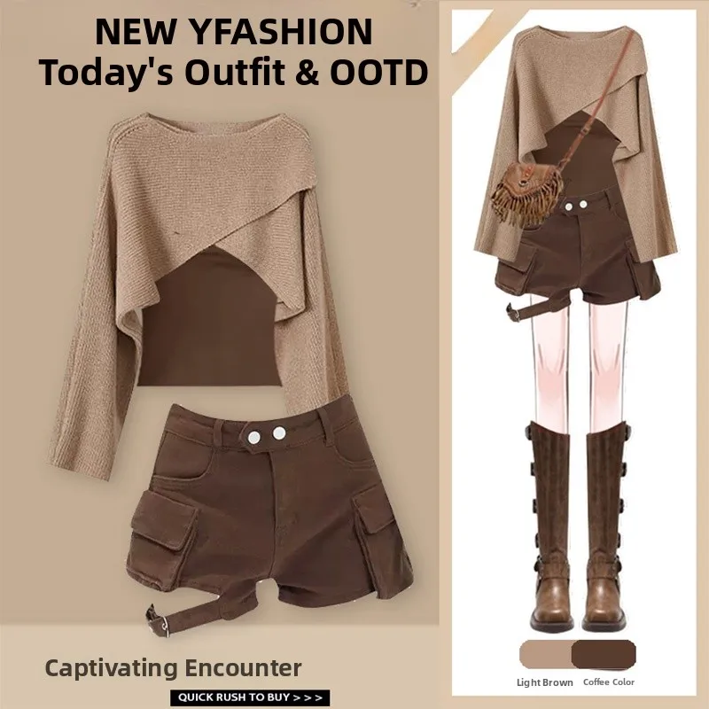 

Sweet Cool Faion Set Women's Autumn New Design Sense Top Vest Match ort Pants Tee-piece Long Sve V-ne Set for Youn...