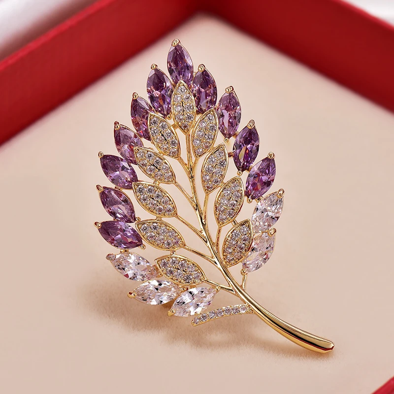 Crystal Shining Leaf Purple Brooches For Women Safety Pins Fashion Rhinestone Clothing Coat Brooch Accessories Elegant Pin