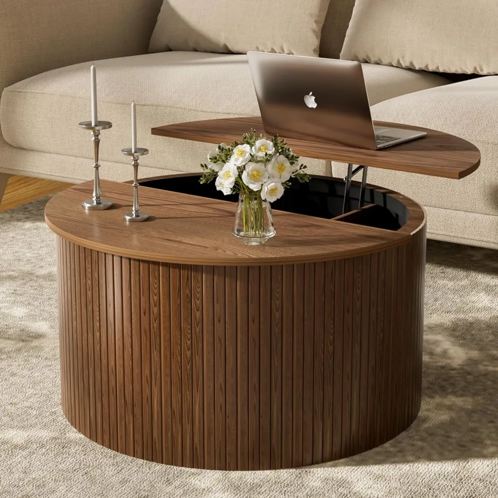 

Fluted Round Lift Top Coffee Table with Storage, 31.5 Walnut Small Circle Wood Center Table for Living Room
