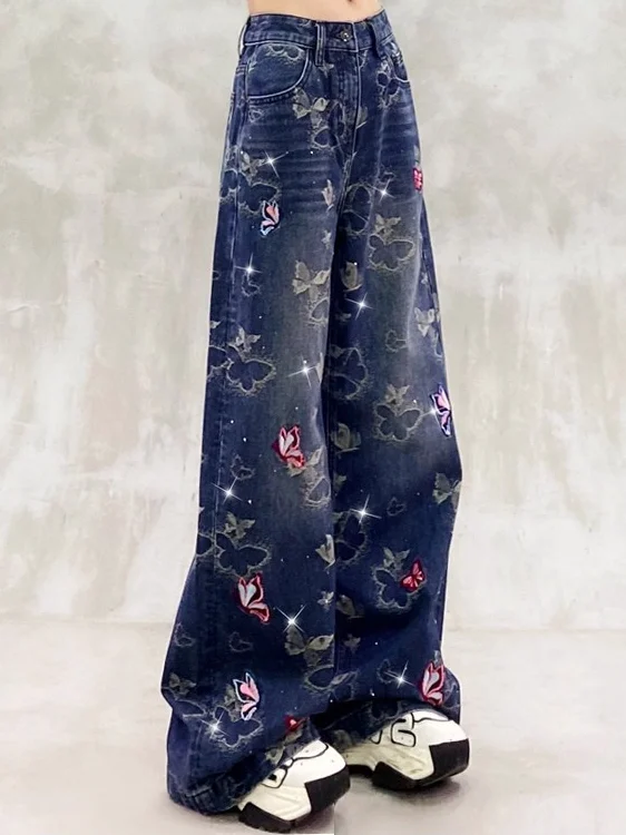 

Retro Embroidered Floral Heavyweight Casual High Waist Loose Slim Straight Leg Jeans for Women Spring New Arrival Blue Denim