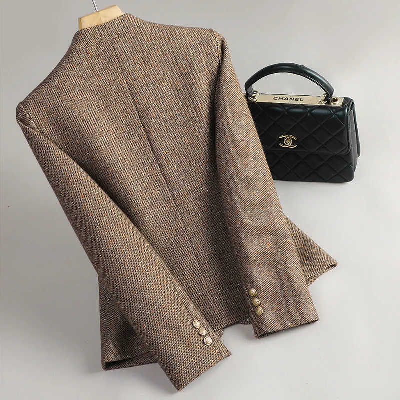 Brown Wool Women, Autumn And Winter New Style, Elegant  Sequined Collarless Casual Blazer For Office Ladies