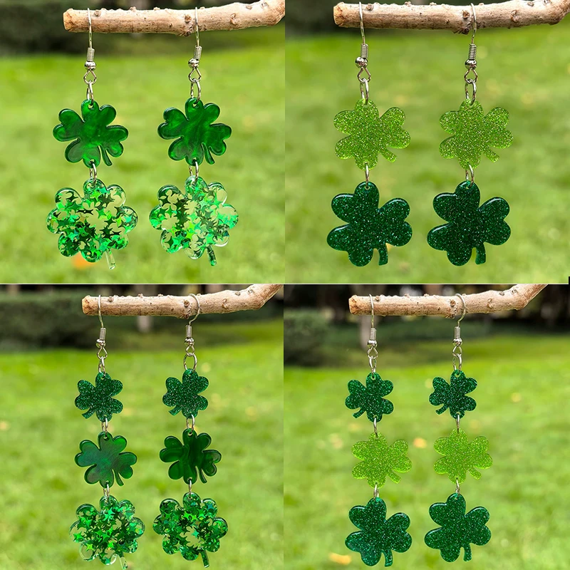 New St. Patrick's Day Earrings Three Piece Lucky Grass Acrylic Pendant Earrings Lucky Long Earrings Fashionable Earrings