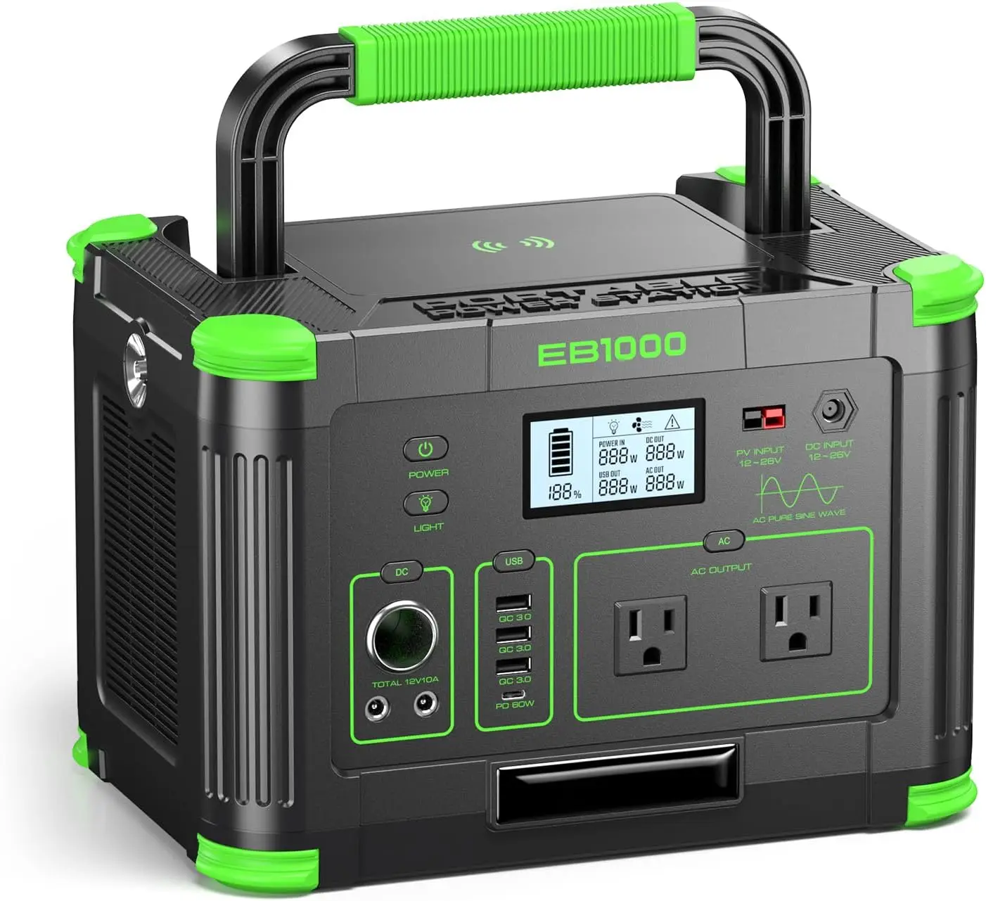 

1000W Portable Power Station, 999Wh Solar Generator Backup Battery with Pure Sine Wave, Solar/AC/Car Chargable for Camping, RV,