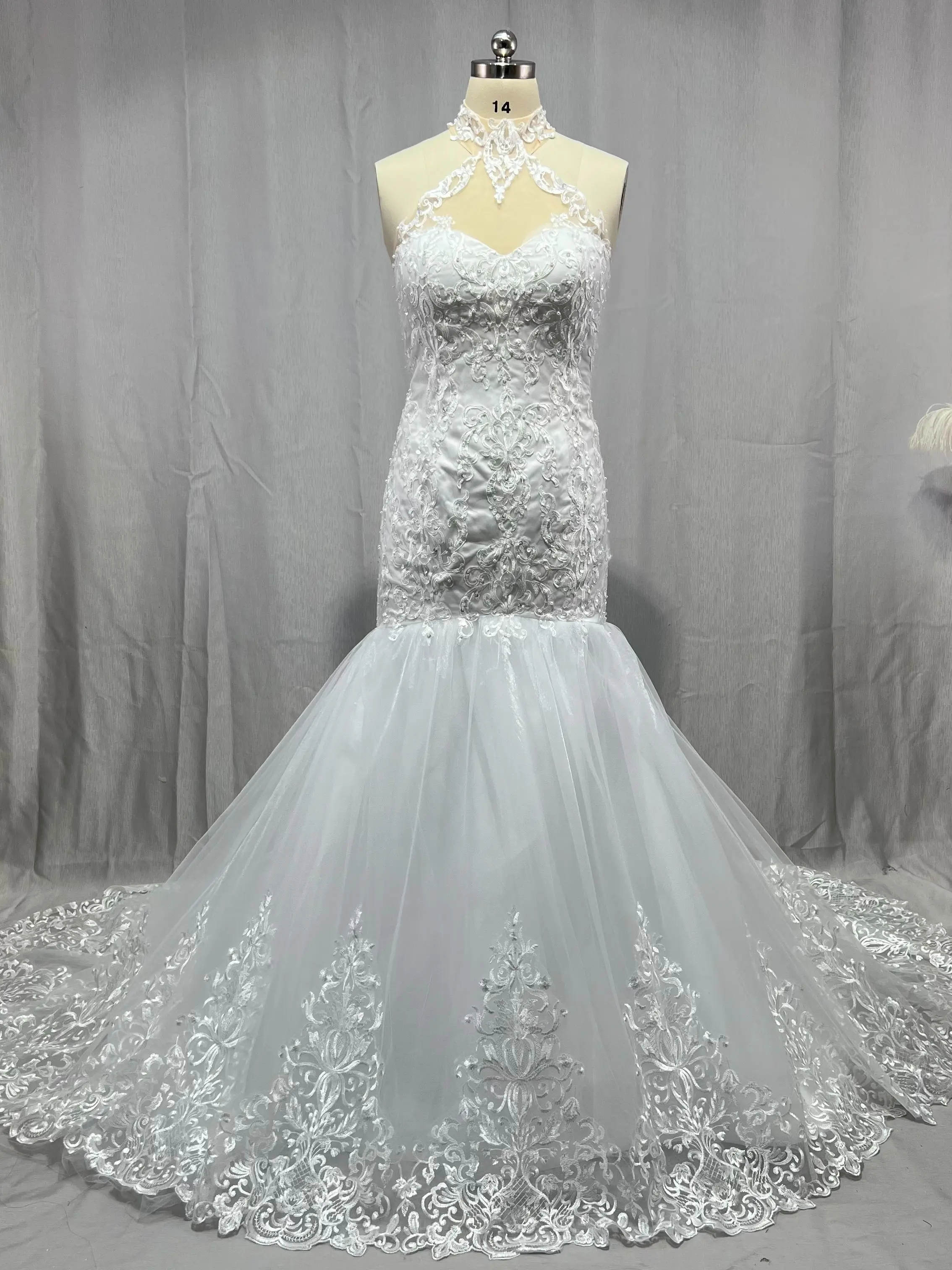 Maßgeschneiderte arabische Aso Ebi Vintage Spitze Perlen Brautkleider Sheer Neck Mermaid Brautkleider Sexy günstige Brautkleider – Detail 9