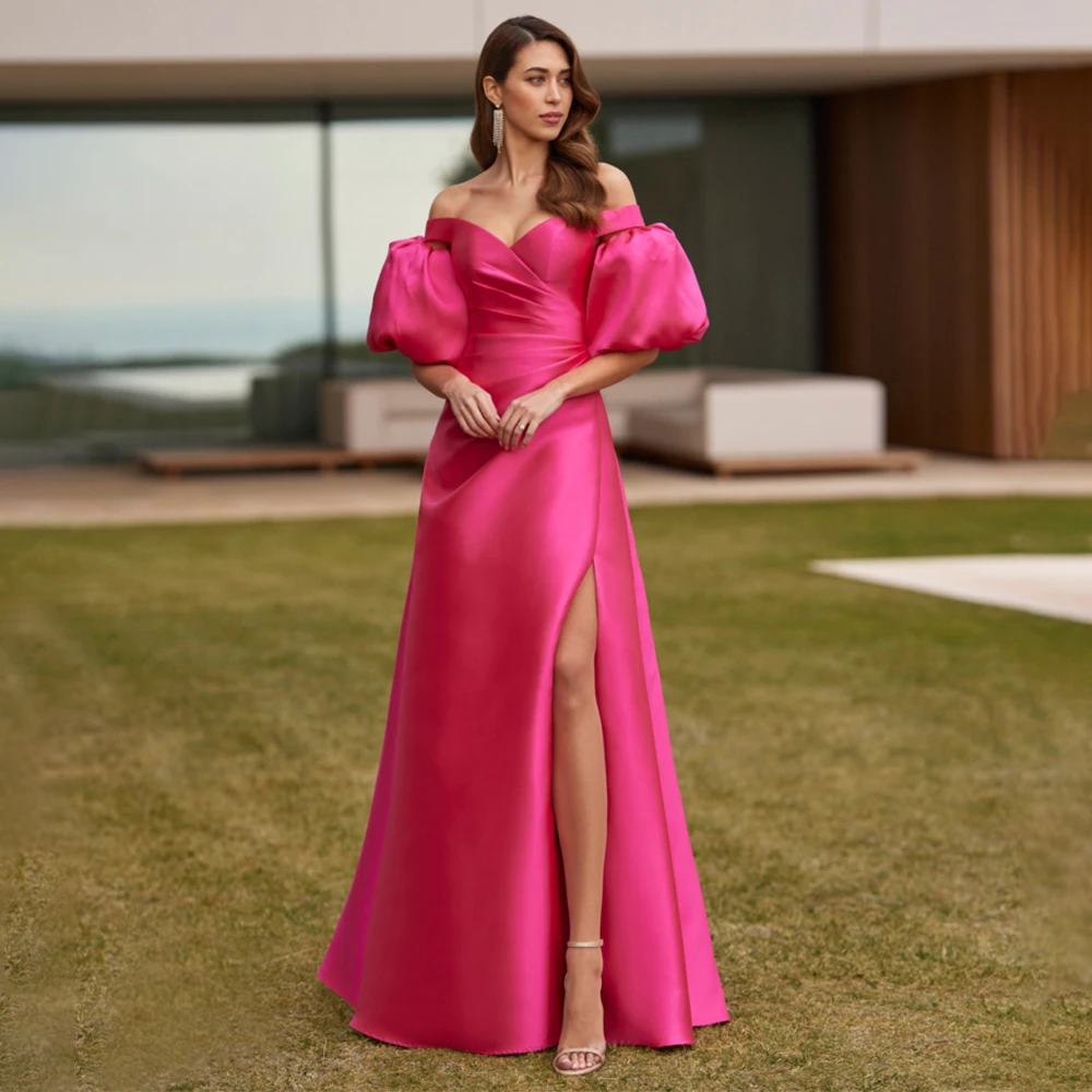 

Satin Evening Dress Hot Pink Off the Shoulder A Line Women's Evening Gowns with Detachable Puffy Sleeves Side Slit Formal Dress