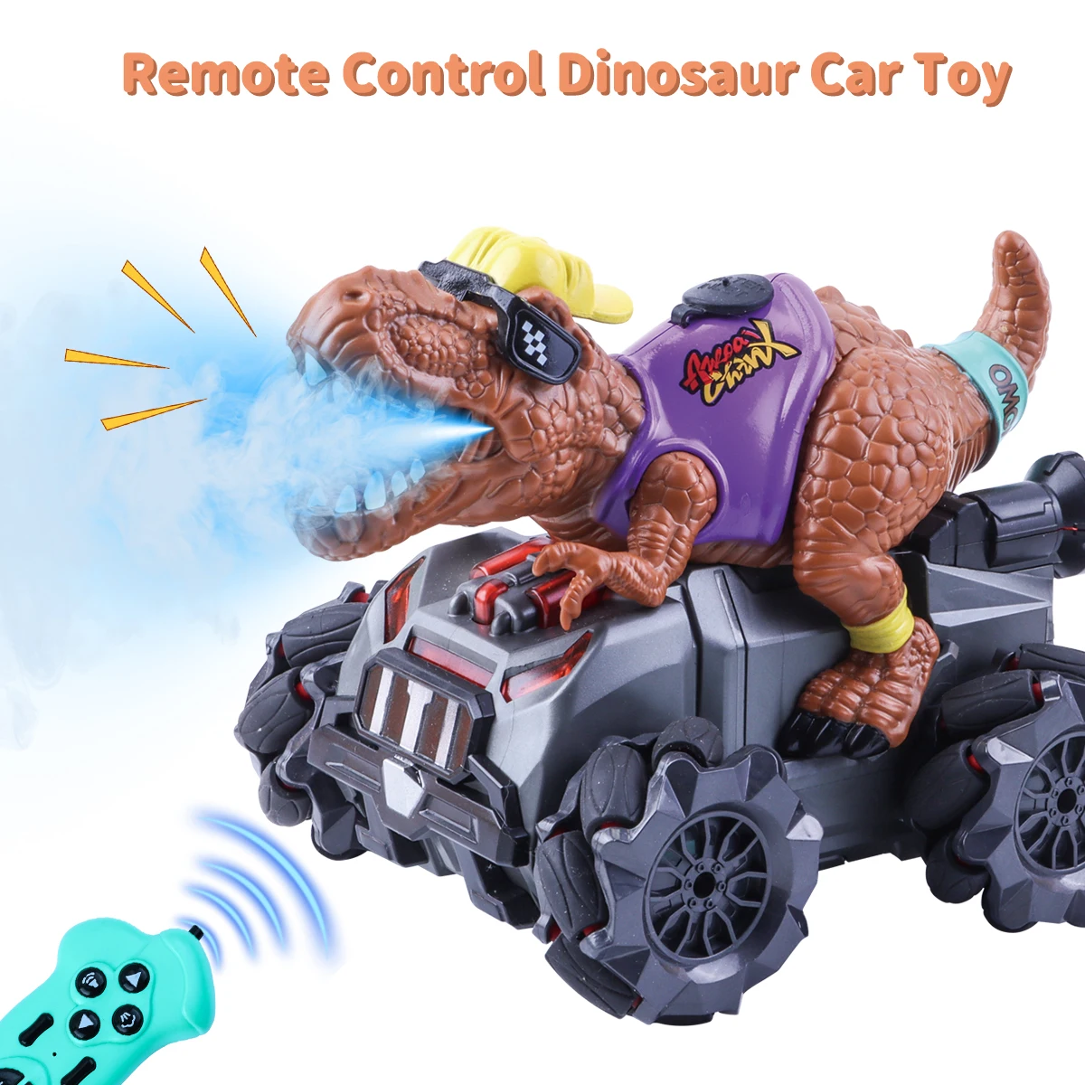 Coche de dinosaurio RC para niños, coche de pulverización con Control remoto con sonido y luz, juguete interactivo para regalo para niños