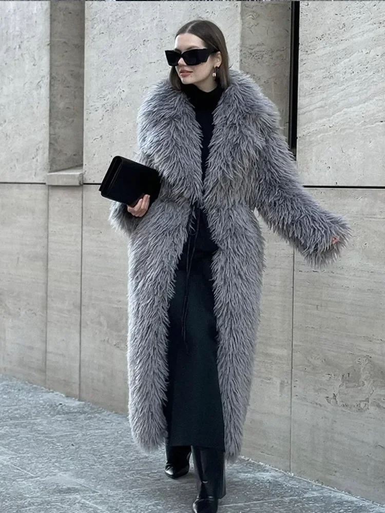 แฟชั่นขนาดใหญ่LapelยาวPlush Faux Fox Fur Coat 2024 ฤดูหนาวChic Solid Thicken Warm Fluffy Fur Jacket Lady Outerwears