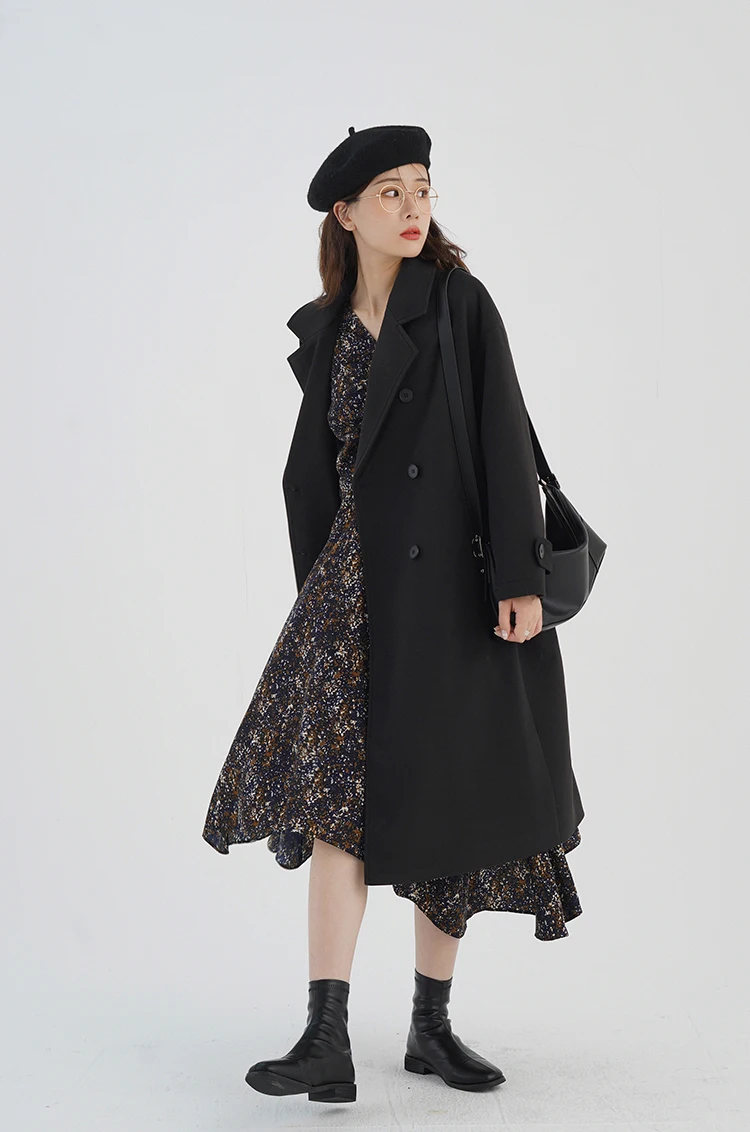 Lady Elegant Wool-like Coat Women Vintage Long Overcoat Black Lapel Jacket Warm Stylish Daily Wear Chic Cold-Season Outfits