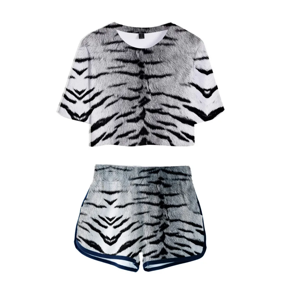 Conjunto de 2 piezas para mujer, camiseta 3d de piel de Tigre, ropa de calle, Tops, pantalones cortos, ropa deportiva Sexy, traje de pantalones cortos de verano