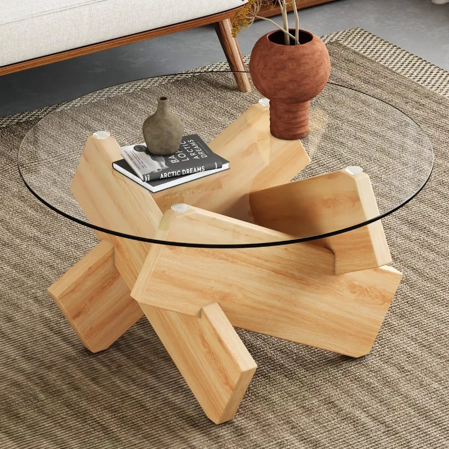 Mid Century Modern Round Coffee Table with Glass Top and WoodLooking Finish Base 33.4 Inch Circle Farmhouse Coffe Table Unique