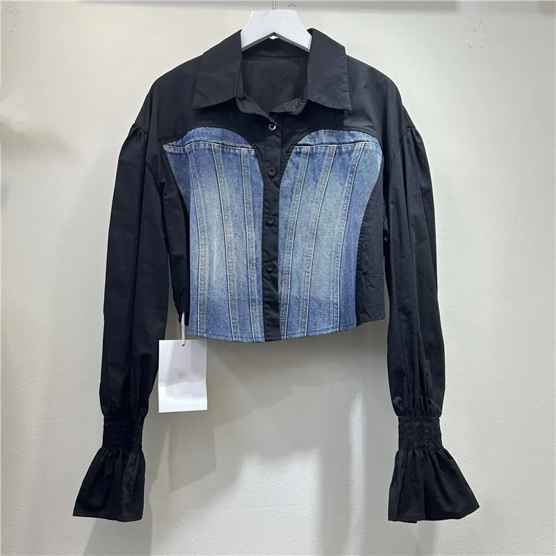 

Y2k Shirt Short Top Women Denim Patchwork Overshirt Flare Sleeve Single Breasted Turn Down Collar Office Lady Tops Autumn 2025