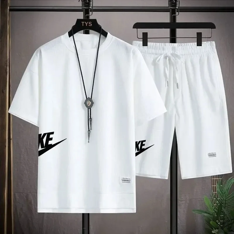 Summer Men\'s Waffle Sets Casual T-Shirt And Shorts Set Male Sports Suit Solid Color Tracksuit Loose Suits Size 3XL