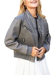 Fitaylor Women Faux PU Leather Jacket Lady High Street Motorcycle Leather Jacket Casual O-neck Zipper Outwear