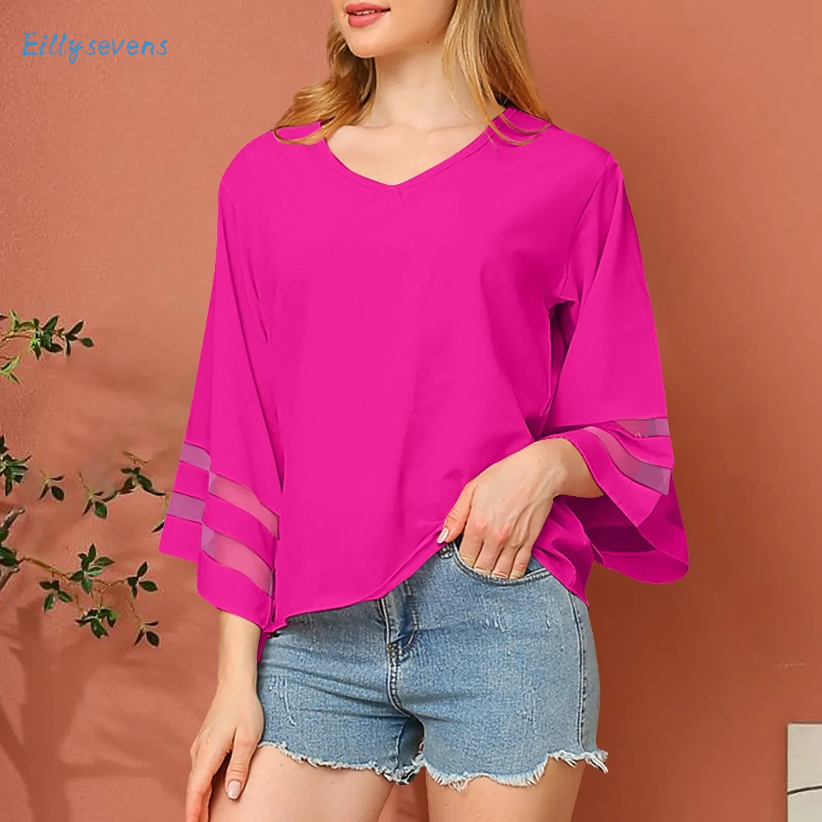 Women'S V-Neck Tops Fashion Casual Loose Mesh Patchwork Chiffon Shirt Tops Daily Regular Solid Color Loose Comfy All-Match Tops