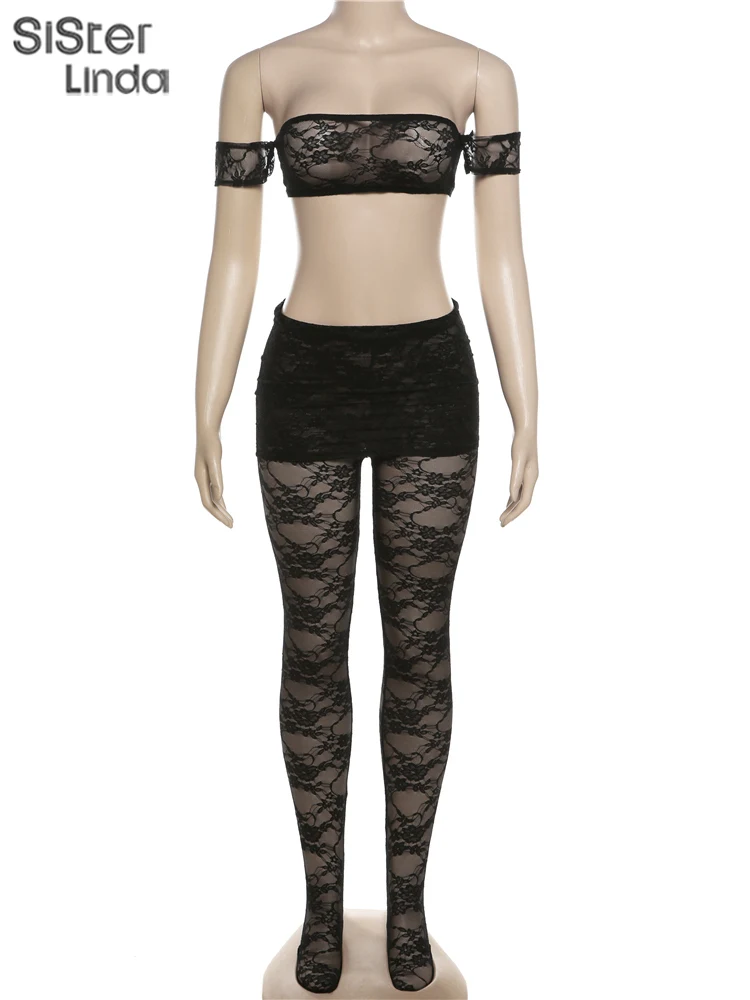Genuine Women\'s Sexy Pants Set 2024 Spring Fashion Fragmented Bikini Top Paired With Lace Pants Woven Polyester Fiber Material