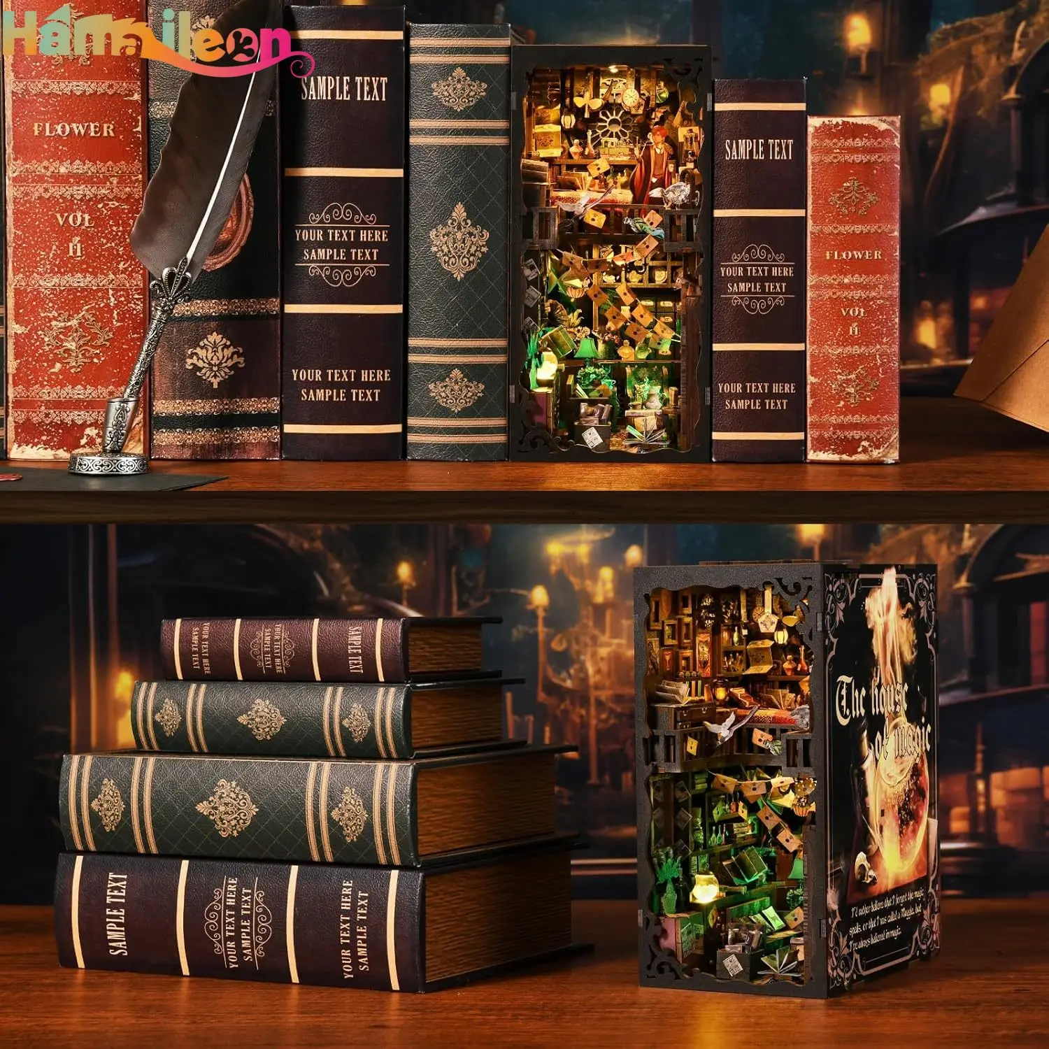 Hamaileon livro nook kit, casa de bonecas diy em miniatura, estante estante decoração modelo construir com capa poeira (casa de magia)