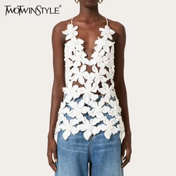 TWOTWINSTYLE solidne patchworkowe aplikacje kamizelki z odkrytymi plecami dla kobiet V Neck bez rękawów Hollow Out wyszczuplająca designerska kamizelka kobieta nowość