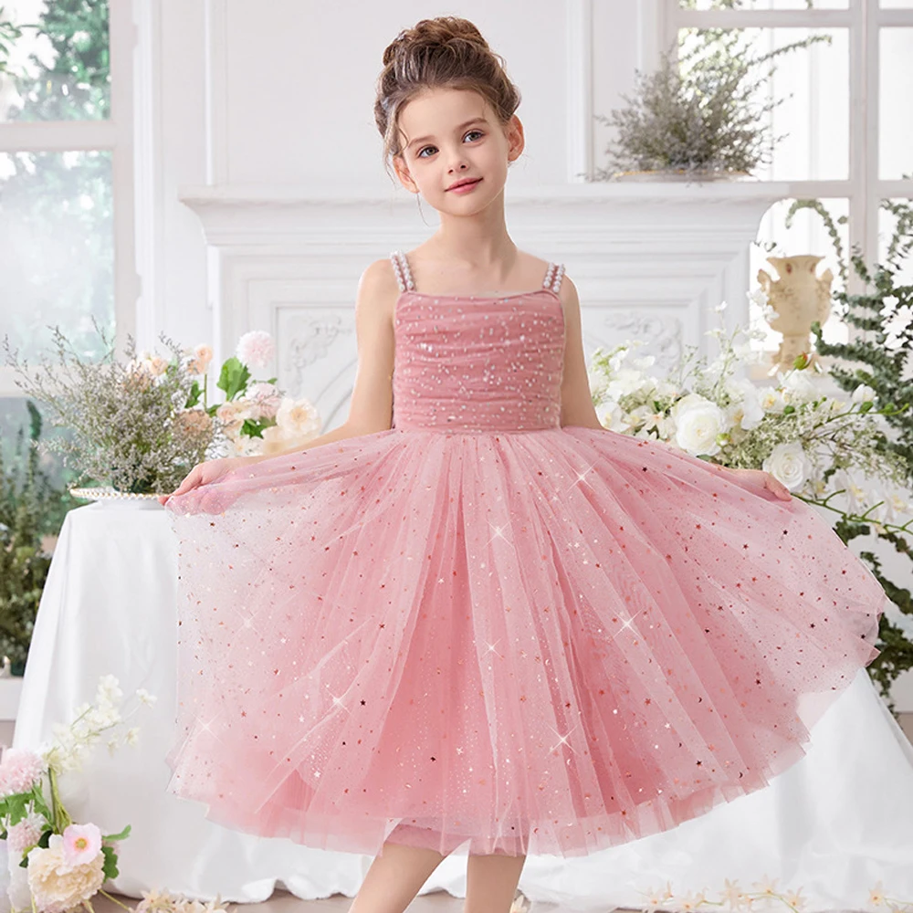 Elegant Shining Sequin Party Girl Dress Fashion Tulle Princess Birthday Prom Dresses for Kids Wedding Bridesmaid Evening Costume