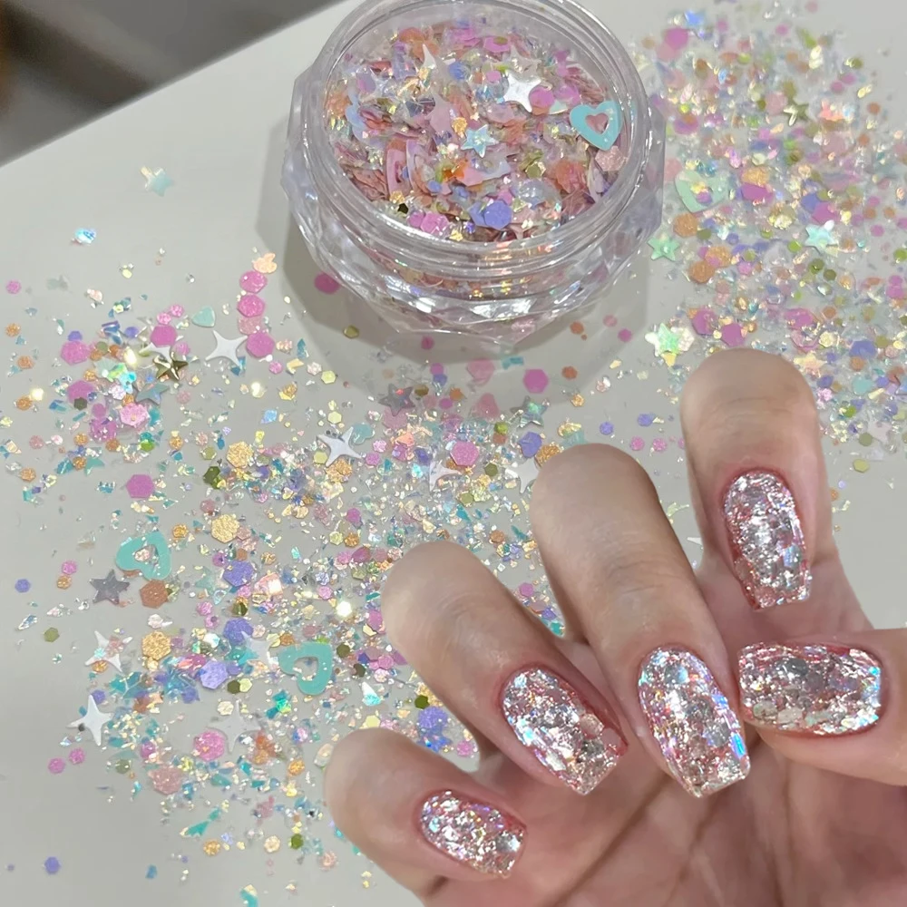 1Jar Sparkly Star Heart Hexagon Nail Sequins 3D Pink/Blue/Purple Mixed Round Starlight Chunky Nail Paillette DIY Korean Nail Dec