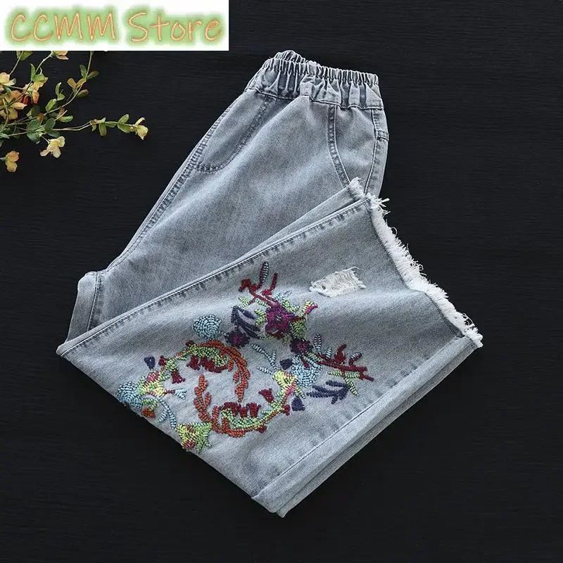 Vintage Hole Embroidery Washed Denim Pants Women's Clothing Spring Summer New Loose Casual Elastic High Waist Cropped Pants